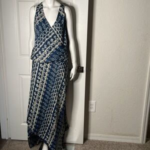 Lauren Ralph Lauren Silk Blend Indigo Tie Dye Tank Top & Side Tie Maxi Skirt Set